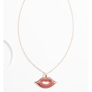 Gold Lip Pendant Necklace with Red Crystal Accent